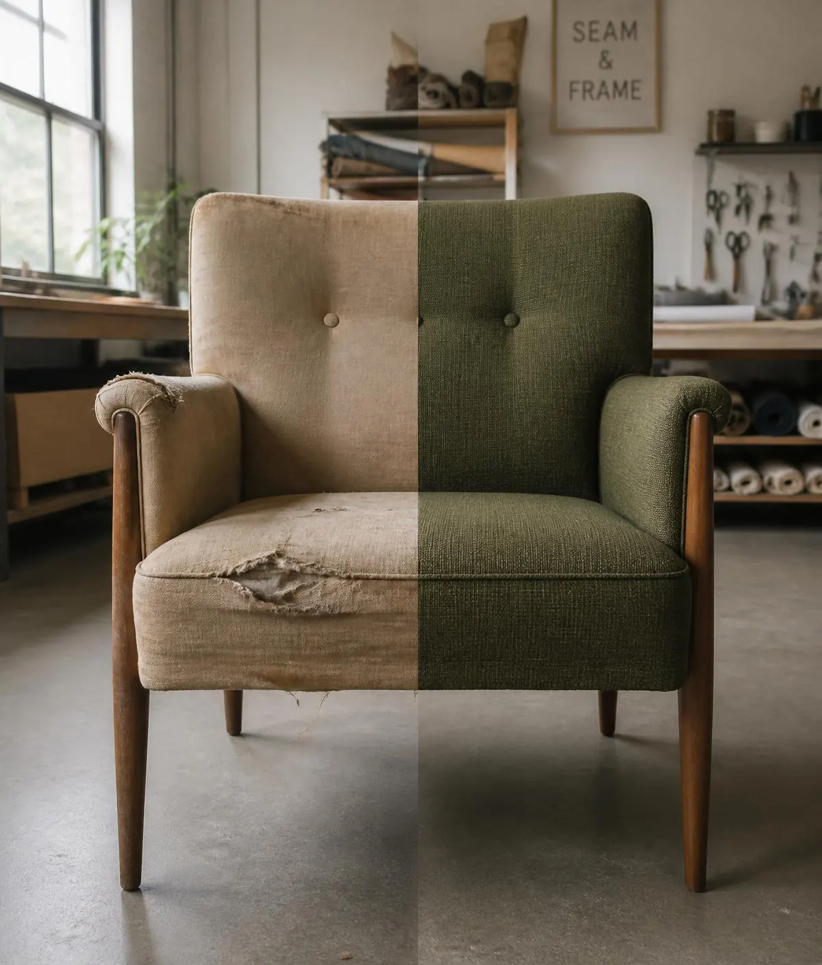 One armchair shown half worn out and half rebuilt in new olive fabric